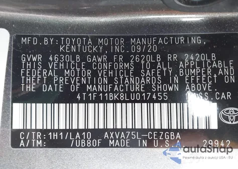 2020 Toyota Camry Xle z USA, uszkodzony, nr VIN 4T1F11BK8LU017455